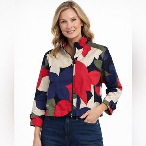 Multiples Petite Cropped Abstract Print Zip Jacket – Artsy Statement Layer